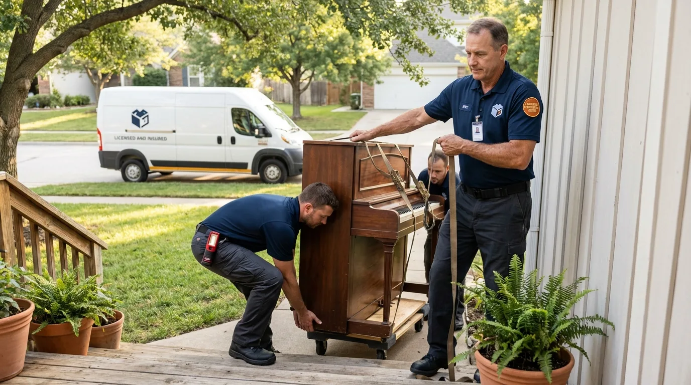 Licensed piano movers securing grand piano in Bridgeport, MI