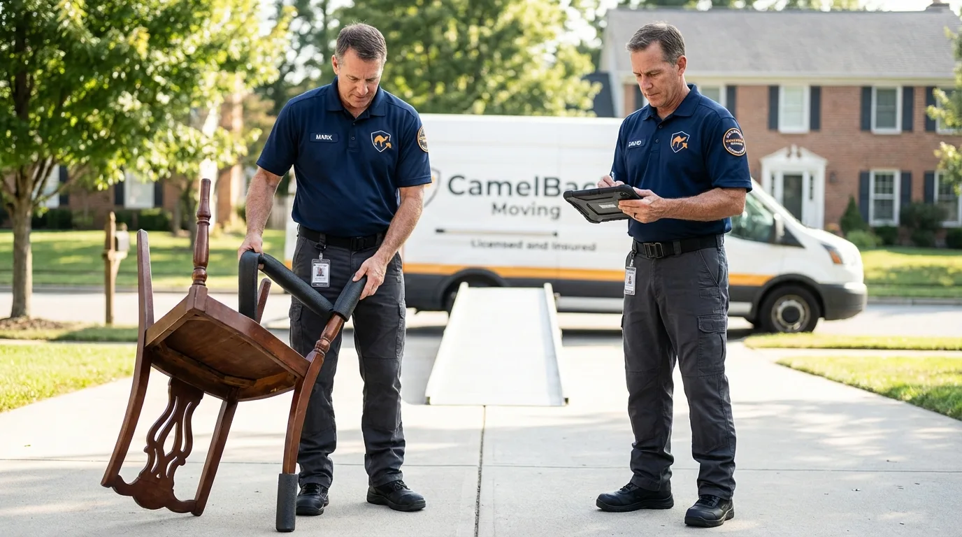 Movers inspecting furniture for damage prevention before loading in Bridgeport, MI