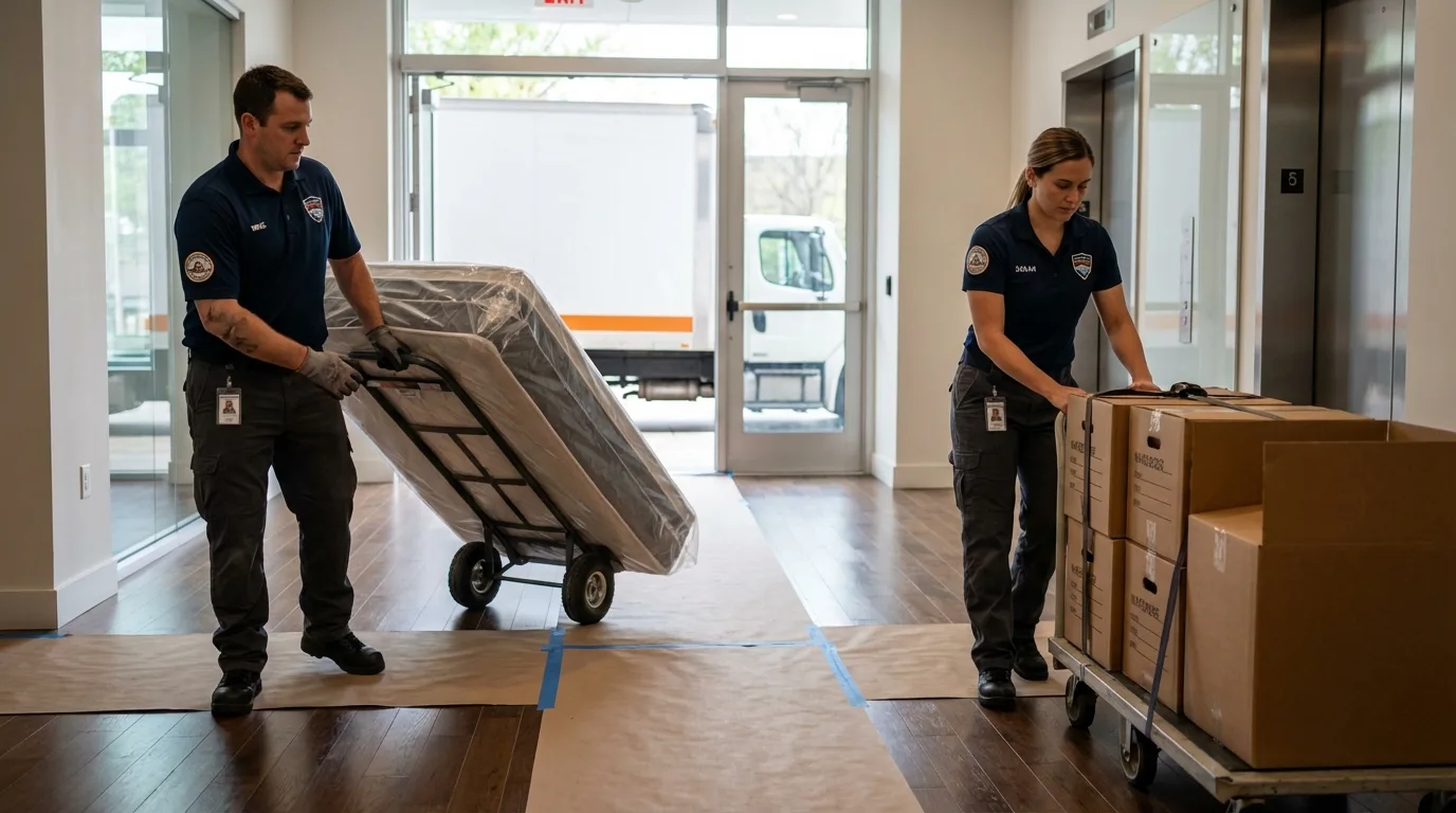 Professional apartment movers loading elevator in Bridgeport, MI